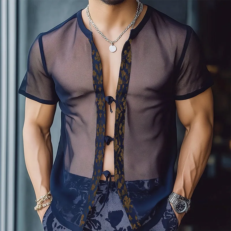 Men's Retro Casual Baroque Print Mesh Tie Short Sleeve Shirt MTA0251D8TO sold by Manly product image thumbnail 2