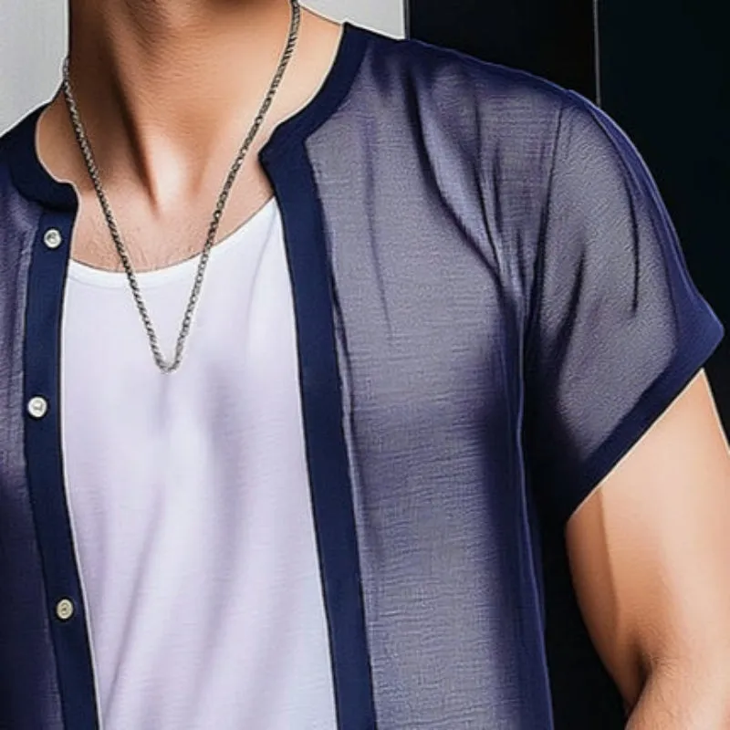 Men's Retro Casual Mesh Cropped Button Short Sleeve Shirt MTA0228D7TO sold by Manly product image thumbnail 3
