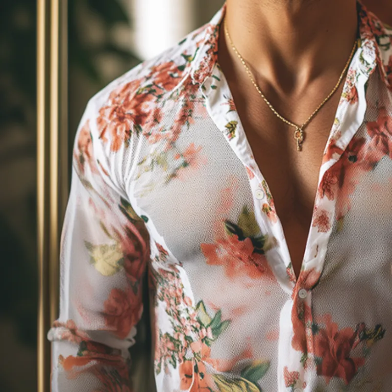 Men's Retro Casual Mesh Floral Print Lapel Long Sleeve Shirt MTA0282D9TO sold by Manly product image thumbnail 3