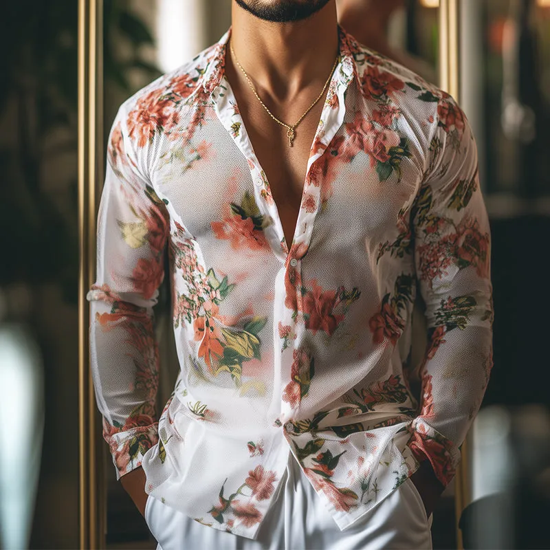 Men's Retro Casual Mesh Floral Print Lapel Long Sleeve Shirt MTA0282D9TO sold by Manly product image thumbnail 2