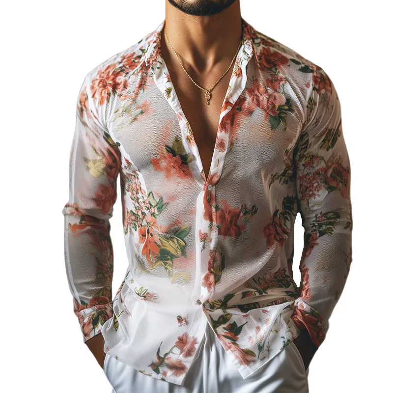 Men's Retro Casual Mesh Floral Print Lapel Long Sleeve Shirt MTA0282D9TO sold by Manly