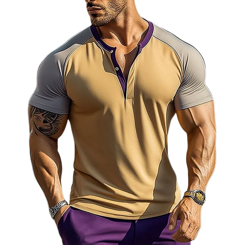 Men's Retro Casual Cotton Colorblock Henley Collar Short Sleeve T-Shirt MTA0210D0TO sold by Manly