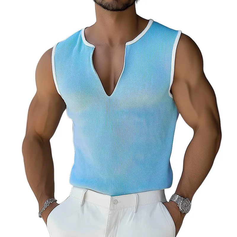 Men's Retro Casual Striped Solid Color V-Neck Tank Top MTA0201D5TO sold by Manly