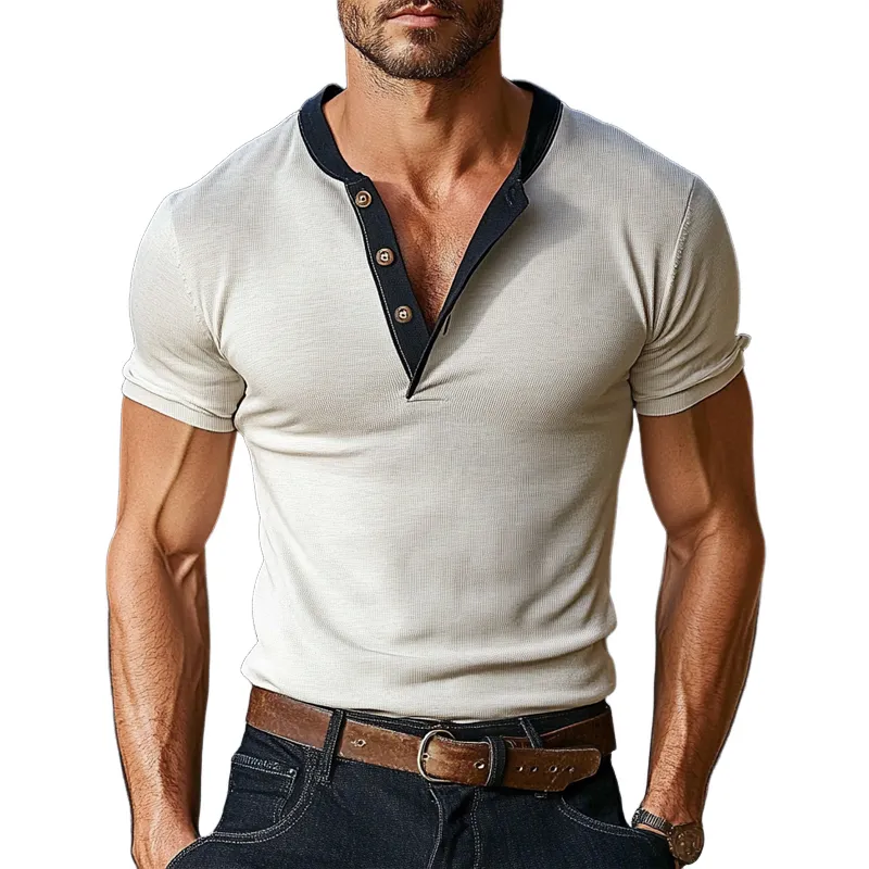 Men's Contrast Color Short Sleeve Henley Neck T-Shirt MTA0370D8X sold by Manly product image thumbnail 3