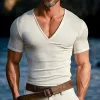 Men's Solid Color Knitted V-Neck Casual Short Sleeve T-Shirt MTA0368D9X sold by Manly