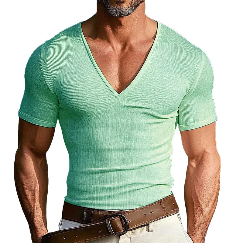 Men's Solid Color Knitted V-Neck Casual Short Sleeve T-Shirt MTA0368D9X sold by Manly product image thumbnail 3