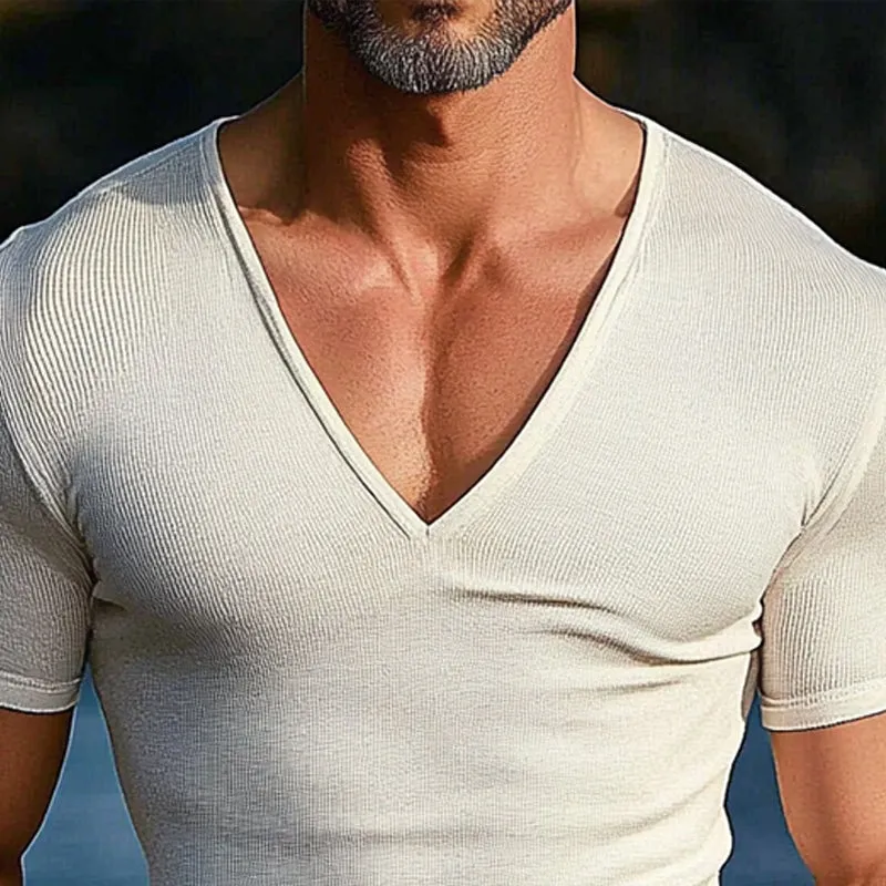 Men's Solid Color Knitted V-Neck Casual Short Sleeve T-Shirt MTA0368D9X sold by Manly product image thumbnail 5