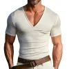 Men's Solid Color Knitted V-Neck Casual Short Sleeve T-Shirt MTA0368D9X sold by Manly