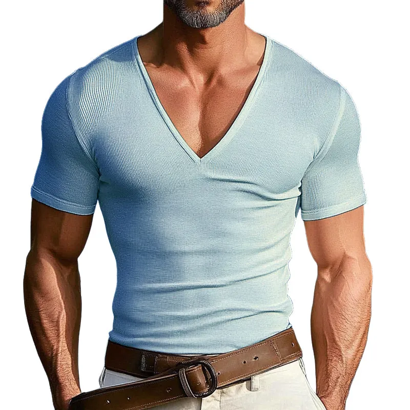 Men's Solid Color Knitted V-Neck Casual Short Sleeve T-Shirt MTA0368D9X sold by Manly
