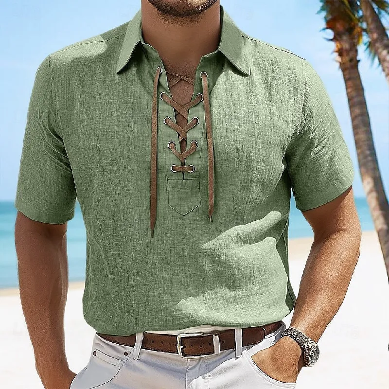 Men's Solid Color Casual Vacation Lace Lapel Short Sleeve Shirt MTA0162D4X sold by Manly product image thumbnail 4