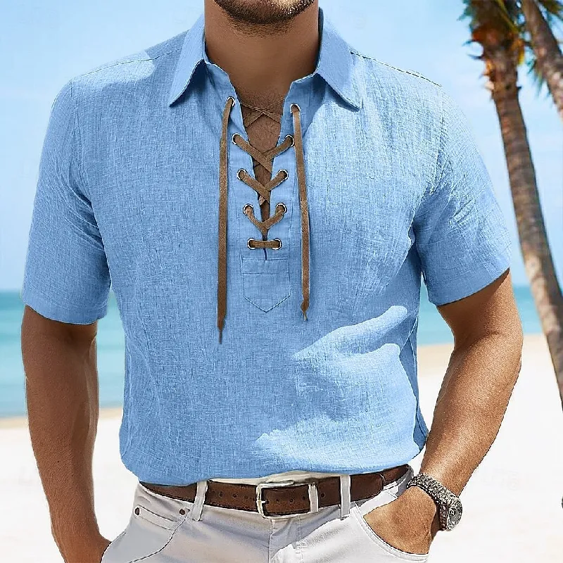 Men's Solid Color Casual Vacation Lace Lapel Short Sleeve Shirt MTA0162D4X sold by Manly product image thumbnail 2