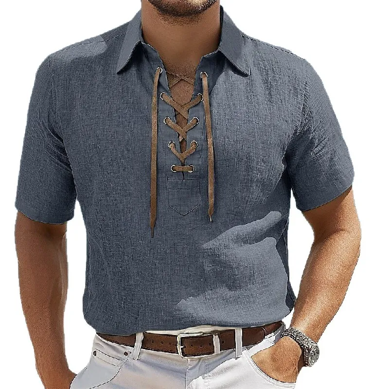 Men's Solid Color Casual Vacation Lace Lapel Short Sleeve Shirt MTA0162D4X sold by Manly