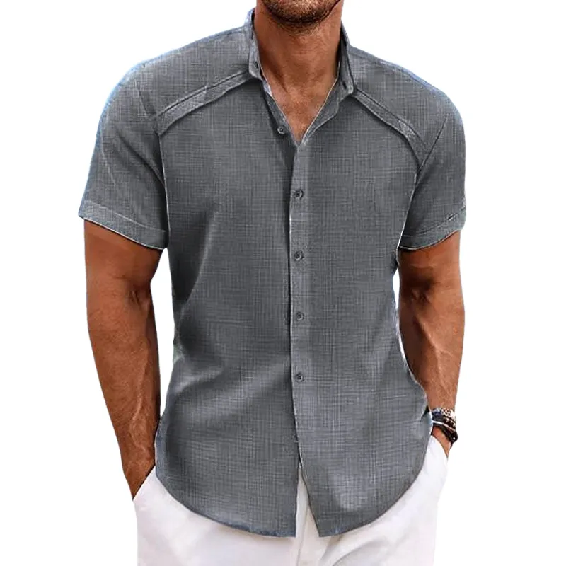 Men's Cotton And Linen Solid Color Lapel Short-Sleeved Shirt MTA0127D8X sold by Manly product image thumbnail 3