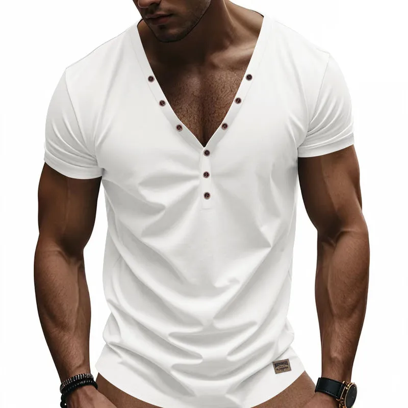 【24-hour shipping out】Men's Solid Color Cotton V-Neck Short Sleeve T-Shirt MTA0144D2X sold by Manly