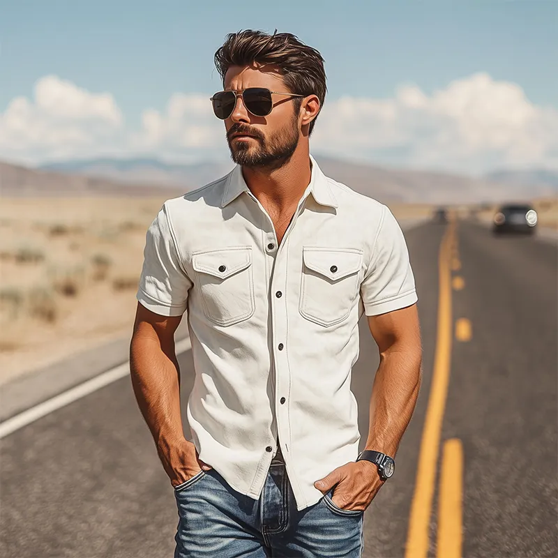 Men's Spring Fashion Casual Slim Fit Multi-Pocket Thin Suede Short Sleeve Shirt MTA0200D7K sold by Manly product image thumbnail 3