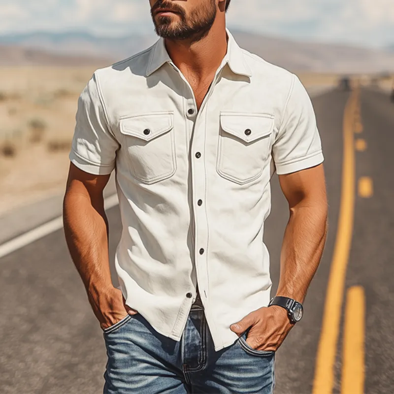 Men's Spring Fashion Casual Slim Fit Multi-Pocket Thin Suede Short Sleeve Shirt MTA0200D7K sold by Manly product image thumbnail 2