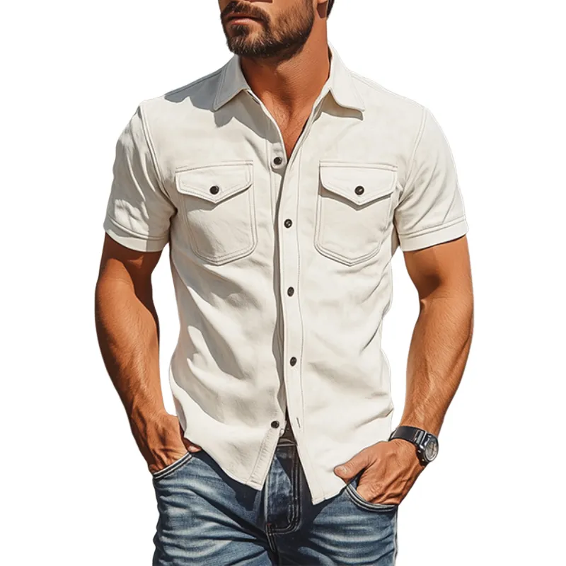 Men's Spring Fashion Casual Slim Fit Multi-Pocket Thin Suede Short Sleeve Shirt MTA0200D7K sold by Manly