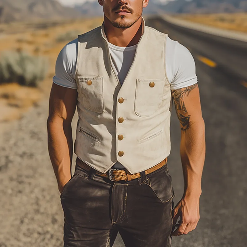 Men's Spring Fashion Retro Western Style Multi-Pocket Suede Vest MTA0240D3K sold by Manly product image thumbnail 2