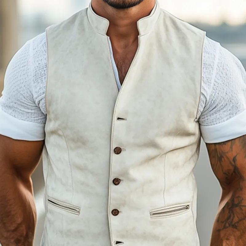 Men's Spring Fashion Retro Western Style Stand Collar Slim Suede Vest MTA0214D8K sold by Manly product image thumbnail 4