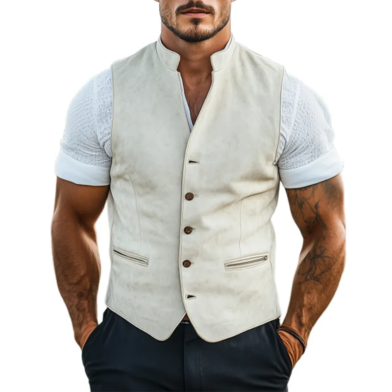 Men's Spring Fashion Retro Western Style Stand Collar Slim Suede Vest MTA0214D8K sold by Manly