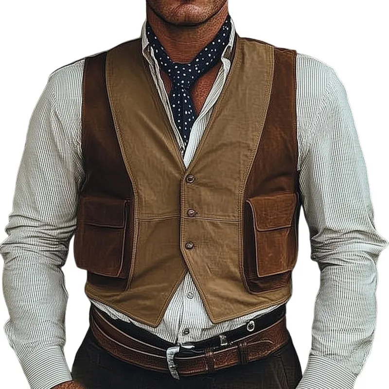 Men's Three-Button Brown Suede Colorblock Vest MTA0265D8U sold by Manly