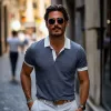 Men's Casual Comfort Cotton Linen Colorblock Lapel Slim Fit Short Sleeve Polo Shirt MTA0232D2M sold by Manly