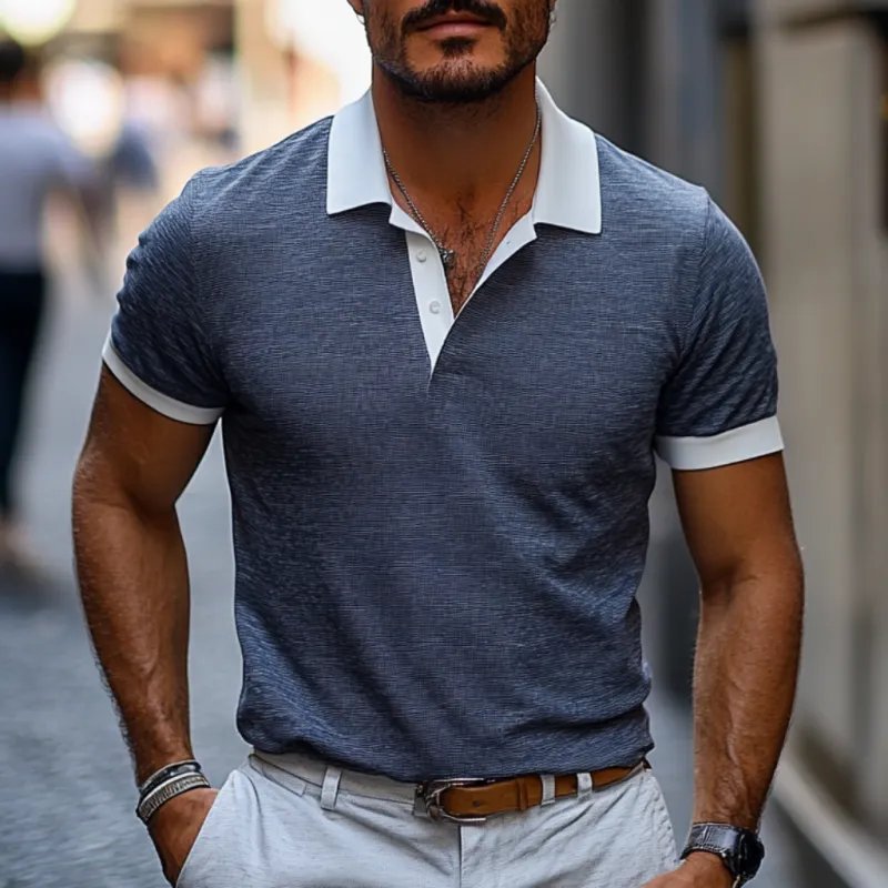 Men's Casual Comfort Cotton Linen Colorblock Lapel Slim Fit Short Sleeve Polo Shirt MTA0232D2M sold by Manly product image thumbnail 3