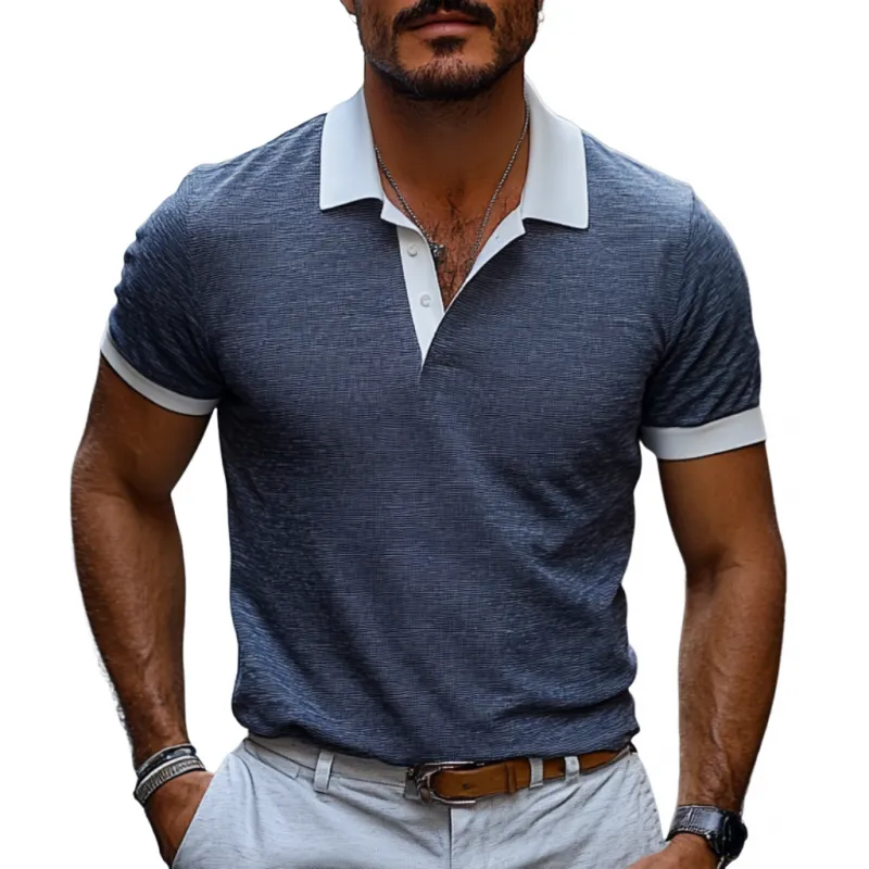 Men's Casual Comfort Cotton Linen Colorblock Lapel Slim Fit Short Sleeve Polo Shirt MTA0232D2M sold by Manly