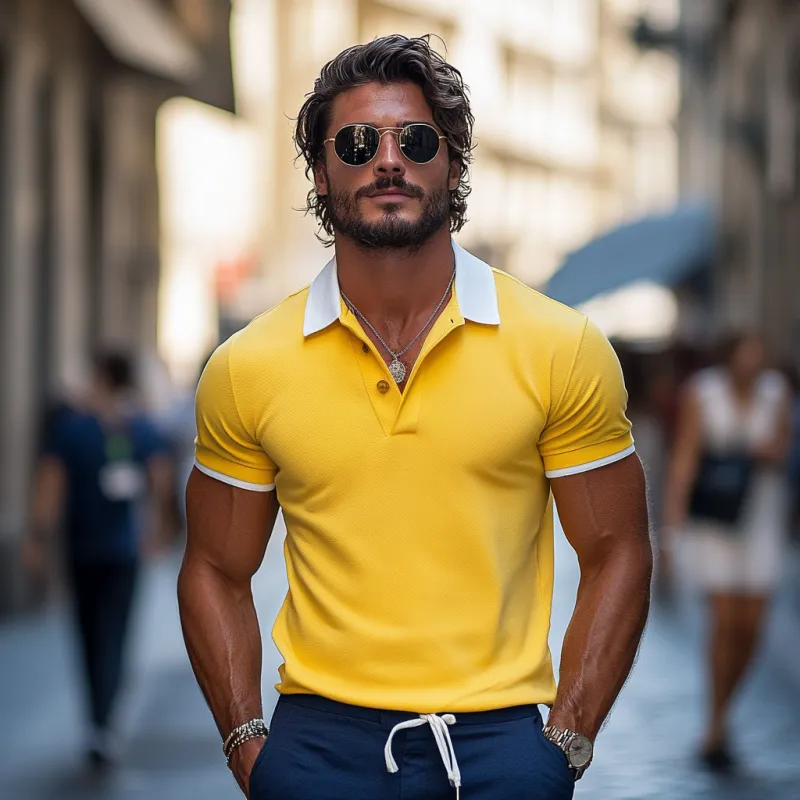 Men's Casual Comfort Cotton Colorblock Lapel Slim Fit Short Sleeve Polo Shirt MTA0258D8M sold by Manly product image thumbnail 3
