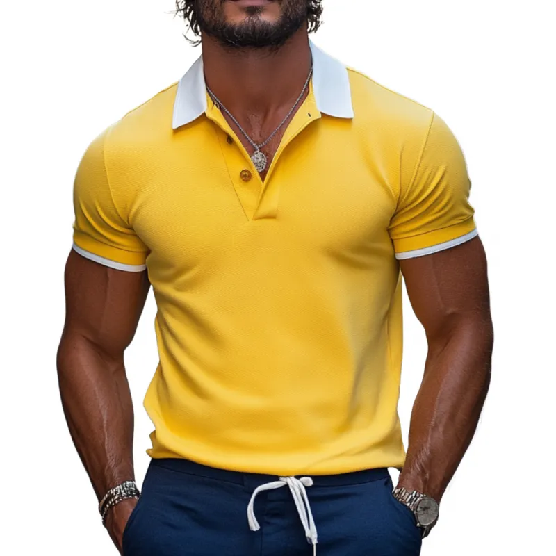 Men's Casual Comfort Cotton Colorblock Lapel Slim Fit Short Sleeve Polo Shirt MTA0258D8M sold by Manly