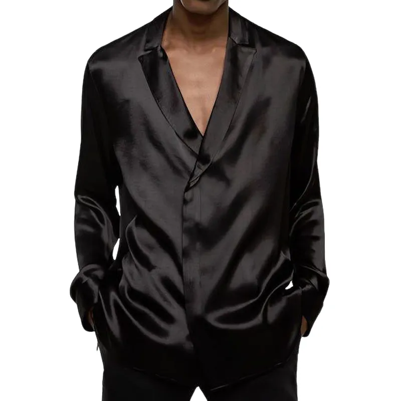 Men's Spring Fashion Deep V Neck Satin Casual Black Long Sleeve Shirt MTA0137D6K sold by Manly