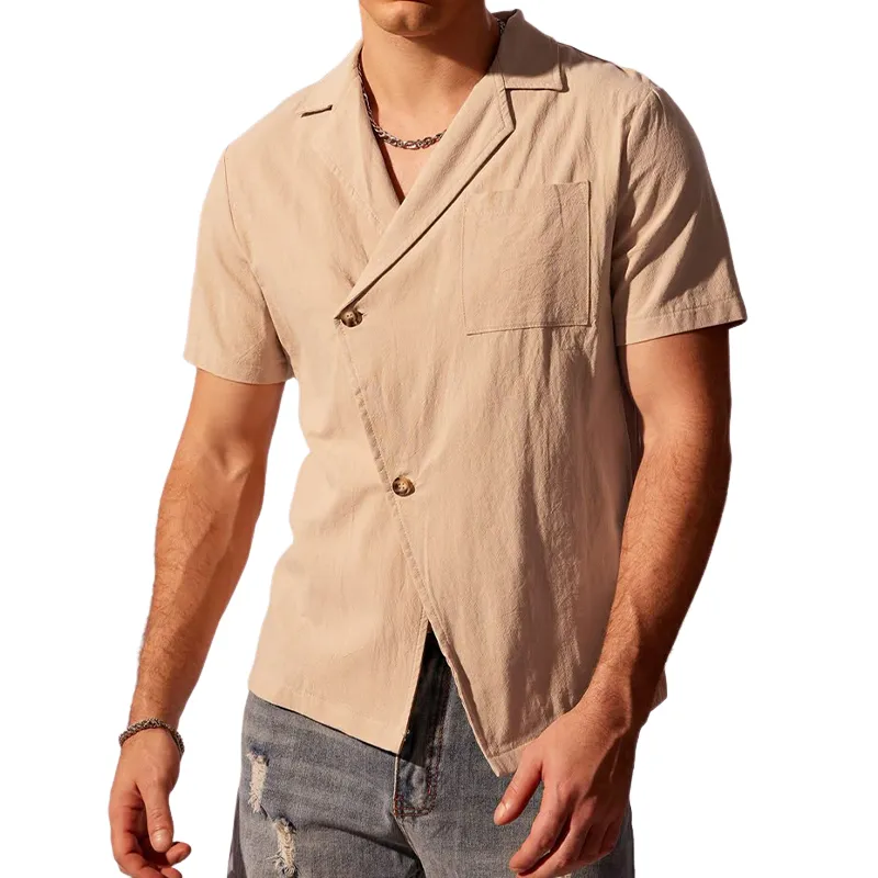 Men's Spring Fashion Casual Slant Placket Slim Fit Linen Short Sleeve Shirt MTA0116D0K sold by Manly