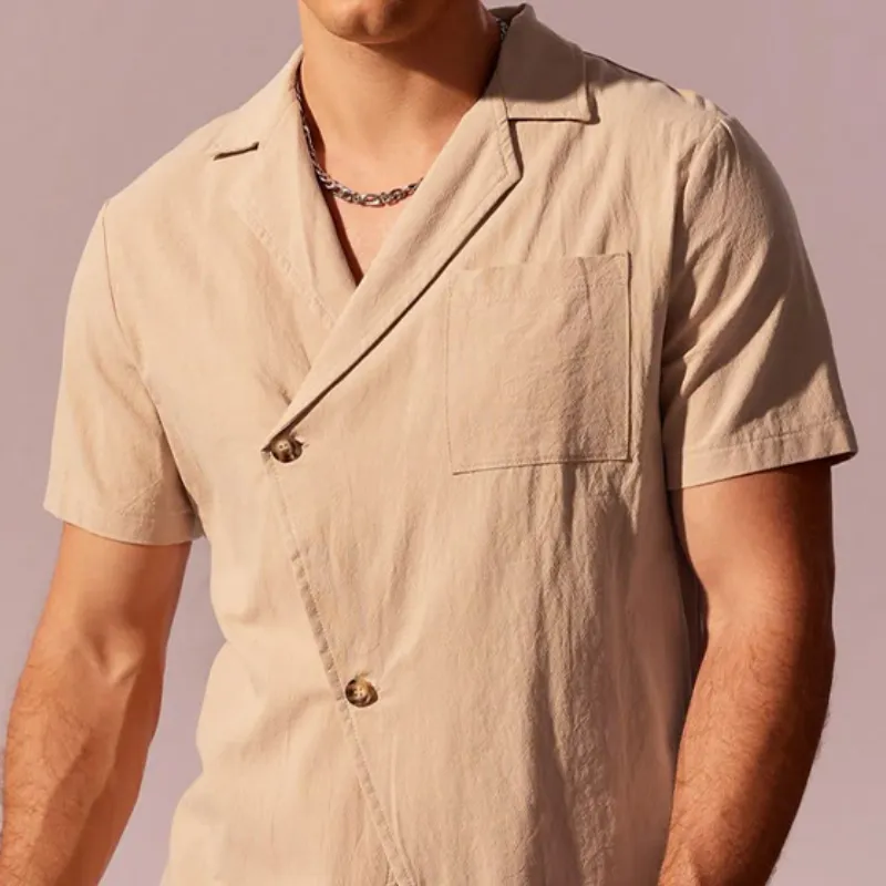 Men's Spring Fashion Casual Slant Placket Slim Fit Linen Short Sleeve Shirt MTA0116D0K sold by Manly product image thumbnail 2
