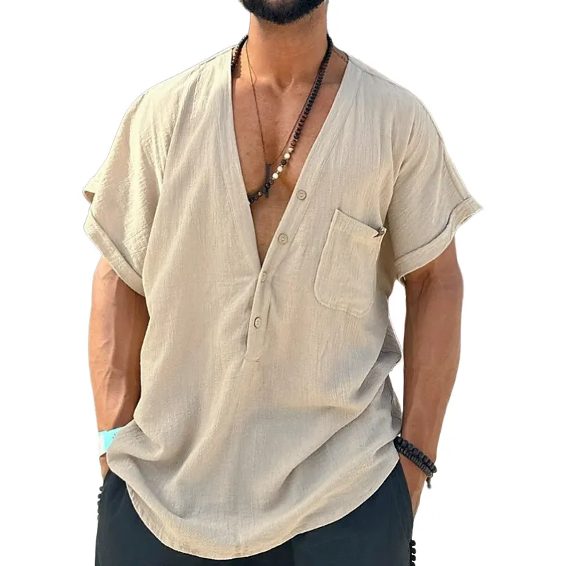 Men's Spring Fashion Casual Loose Deep V Neck Linen Short Sleeve Shirt MTA0177D6K sold by Manly