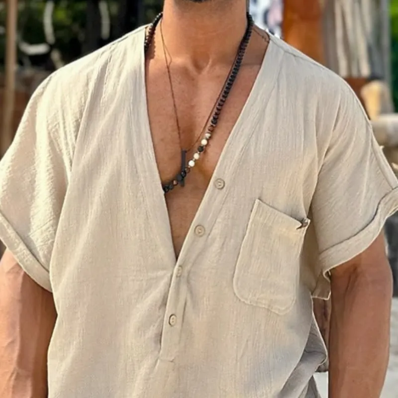 Men's Spring Fashion Casual Loose Deep V Neck Linen Short Sleeve Shirt MTA0177D6K sold by Manly product image thumbnail 3