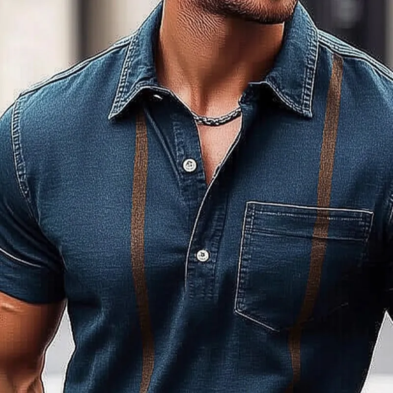 Men's Summer Retro Dark Blue Polo Collar Denim T-Shirt MTA0152D6U sold by Manly product image thumbnail 3