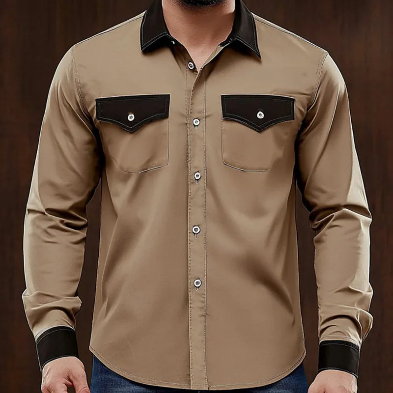 Men's Comfortable Khaki Colorblock Casual Long Sleeve Shirt MTA0209D2U sold by Manly product image thumbnail 2