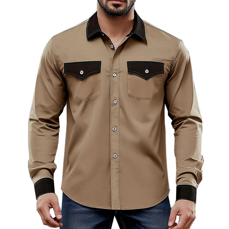 Men's Comfortable Khaki Colorblock Casual Long Sleeve Shirt MTA0209D2U sold by Manly
