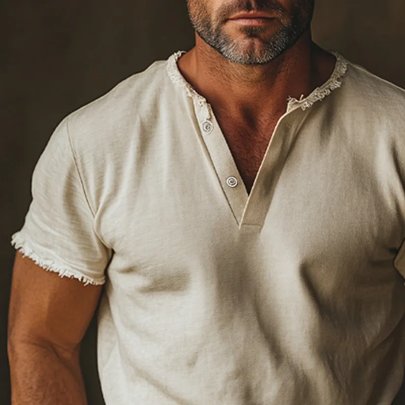 Men's Summer Comfortable Light Khaki V-Neck Raw Edge T-Shirt MTA0137D8U sold by Manly product image thumbnail 3