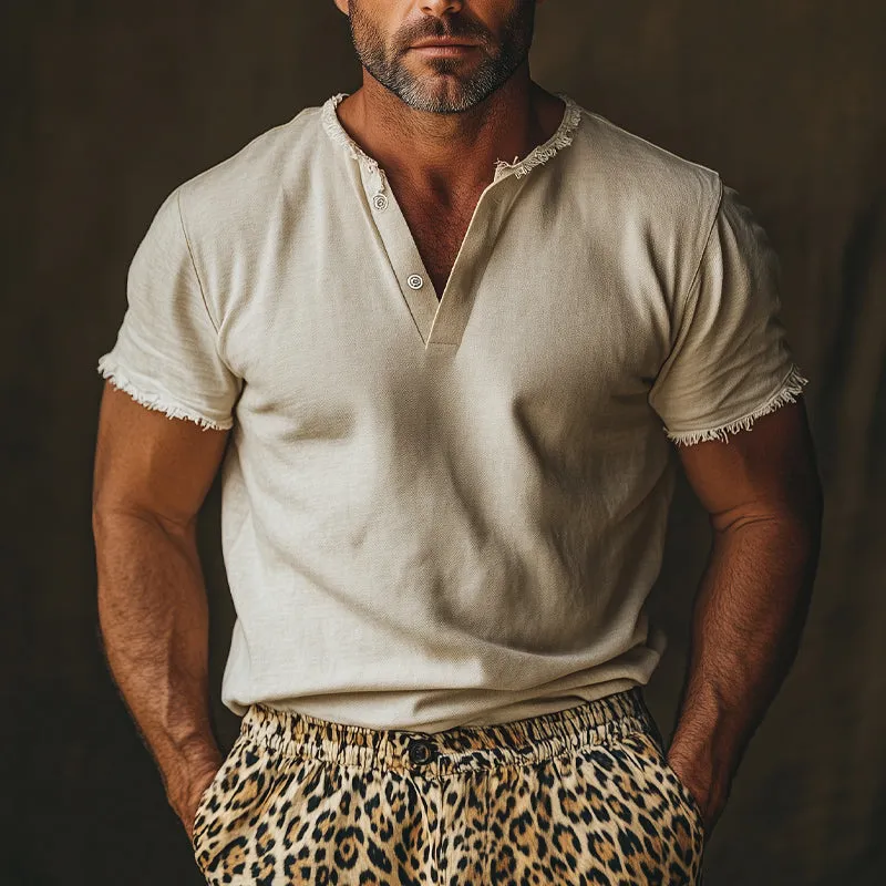 Men's Summer Comfortable Light Khaki V-Neck Raw Edge T-Shirt MTA0137D8U sold by Manly product image thumbnail 2