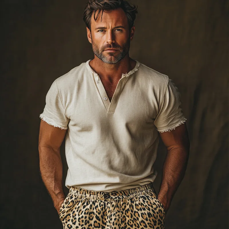 Men's Summer Comfortable Light Khaki V-Neck Raw Edge T-Shirt MTA0137D8U sold by Manly product image thumbnail 4