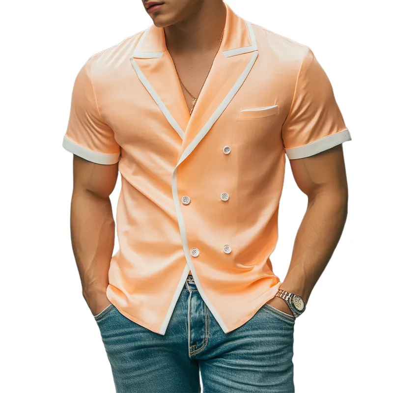 Men's Spring and Summer Fashion Slim Lapel Double-Breasted Tencel Cotton Short-Sleeved Shirt MTA0788D8K sold by Manly