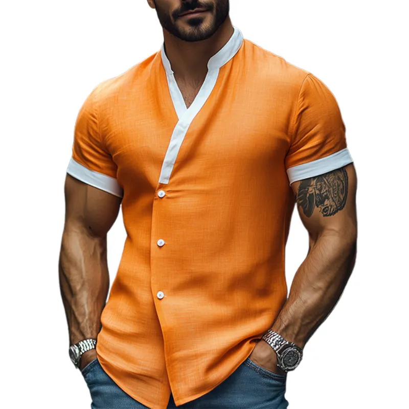 Men's Spring Vintage Fashion Slim Stand Collar Cotton and Linen Short Sleeve Shirt MTA0766D6K sold by Manly