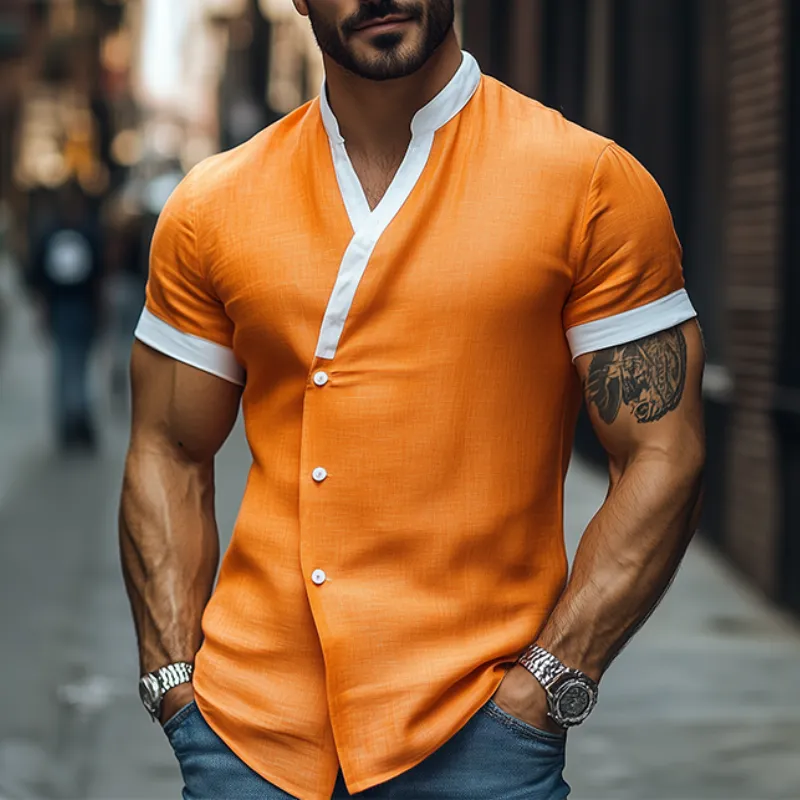 Men's Spring Vintage Fashion Slim Stand Collar Cotton and Linen Short Sleeve Shirt MTA0766D6K sold by Manly product image thumbnail 2