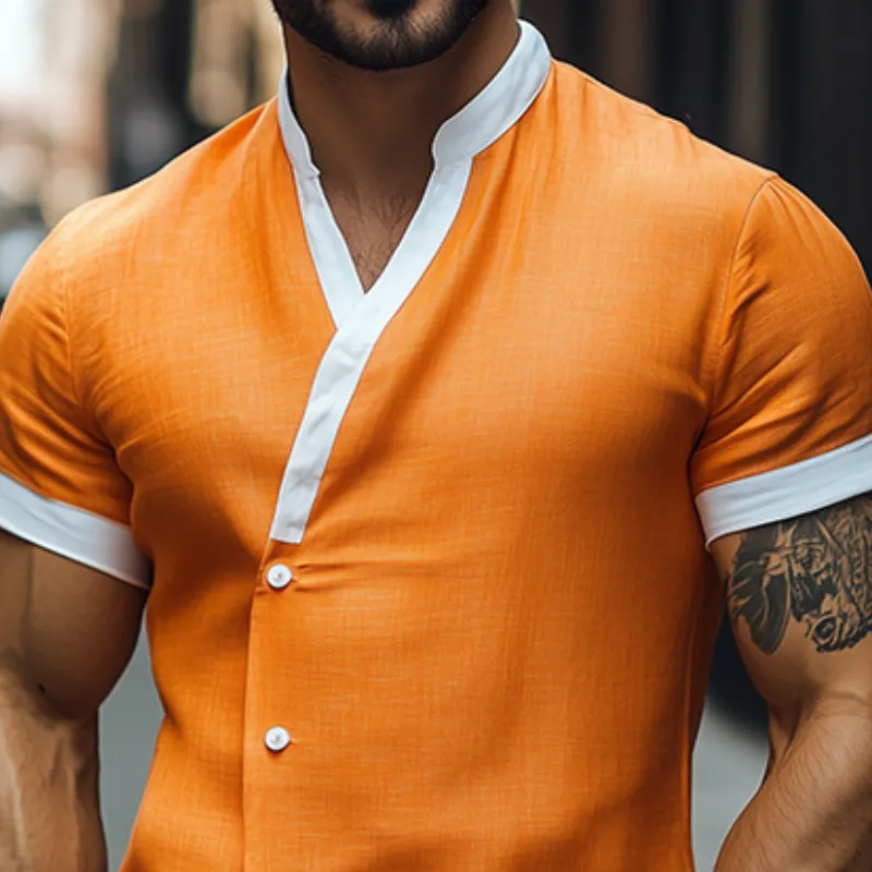 Men's Spring Vintage Fashion Slim Stand Collar Cotton and Linen Short Sleeve Shirt MTA0766D6K sold by Manly product image thumbnail 4