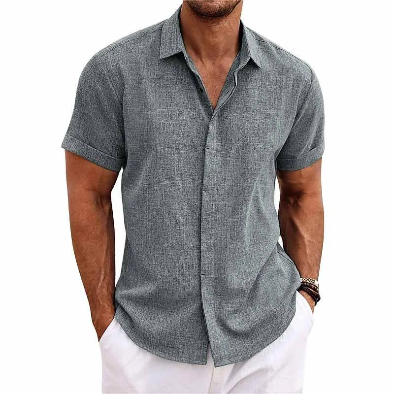 Men's Solid Color Lapel Cotton Linen Short Sleeve Shirt 82339241X sold by Manly