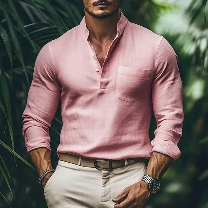 Men's Spring Fashion Casual Cotton and Linen Stand Collar Long Sleeve Shirt MTA0999D8K sold by Manly product image thumbnail 2