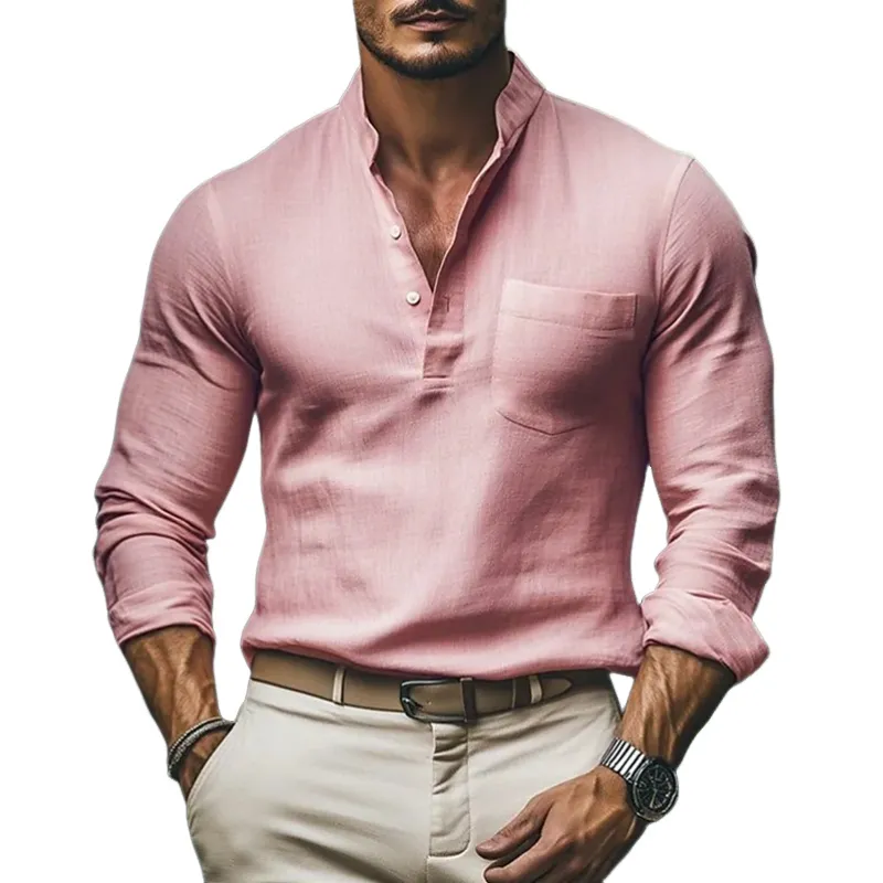 Men's Spring Fashion Casual Cotton and Linen Stand Collar Long Sleeve Shirt MTA0999D8K sold by Manly