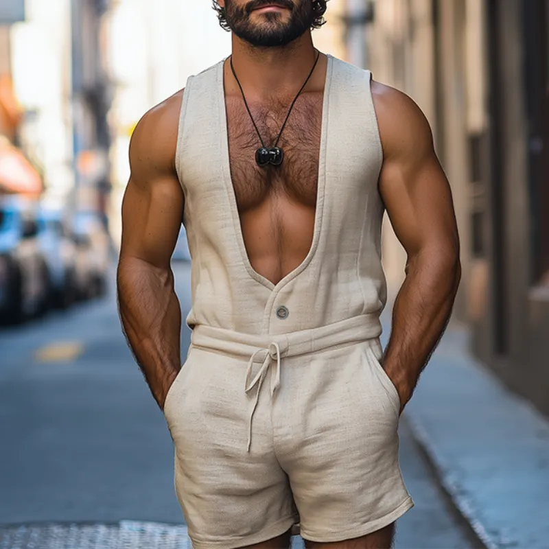 Men's Spring and Summer Fashion Leisure Deep V Neck Cotton and Linen Tank Top Shorts Jumpsuit MTA0943D1K sold by Manly product image thumbnail 2