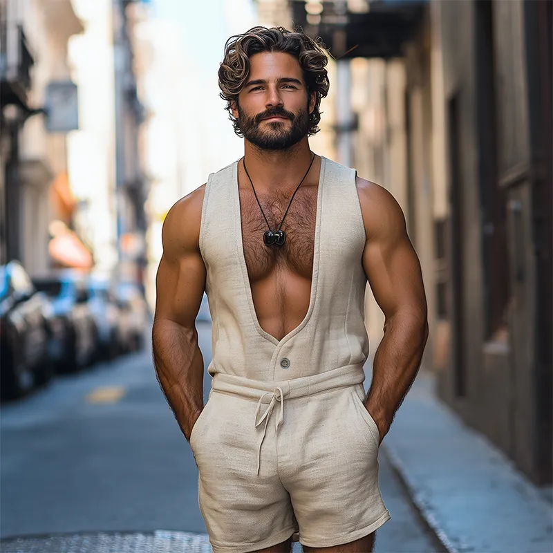 Men's Spring and Summer Fashion Leisure Deep V Neck Cotton and Linen Tank Top Shorts Jumpsuit MTA0943D1K sold by Manly product image thumbnail 3